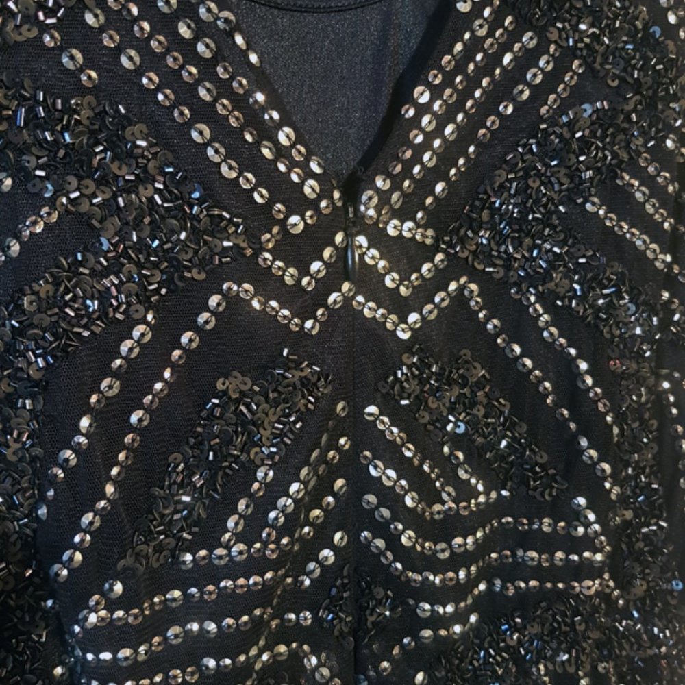 Anthropologie AIDAN MATTOX Navy Sheer Silver Sequin Maxi Gown 6 - Picture 9 of 11